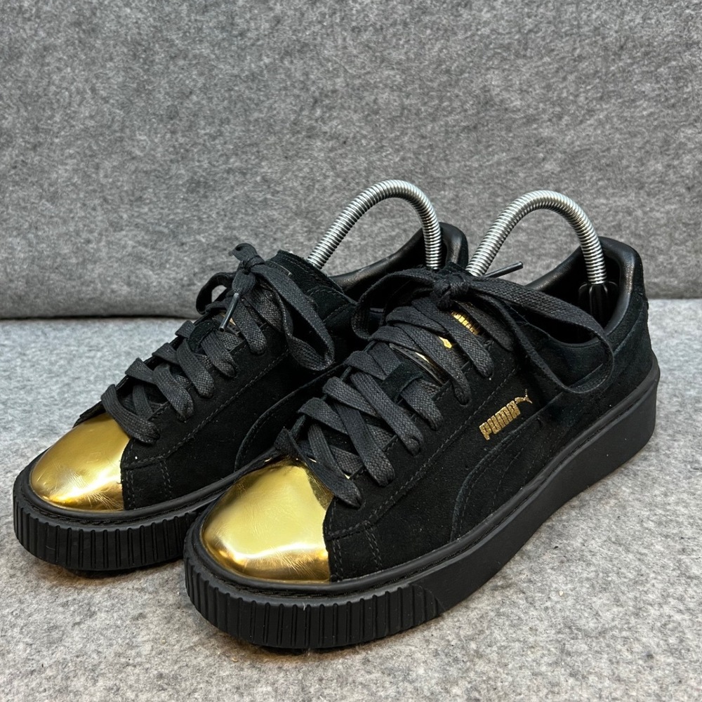 Puma Suede Platform Gold Toe Sneakers Women's Black Platform Shoes Size 7.5